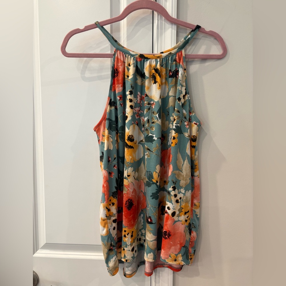 Papermoon Floral Halter Tank Top - Teal and Multicolor